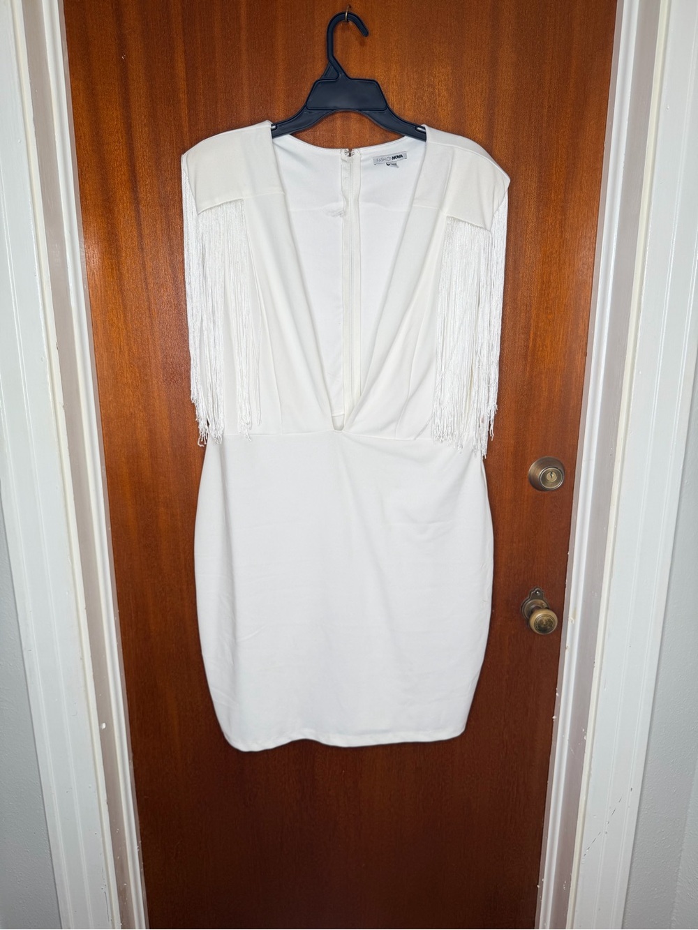 Fashion Nova White Fringe V-Neck Bodycon Dress